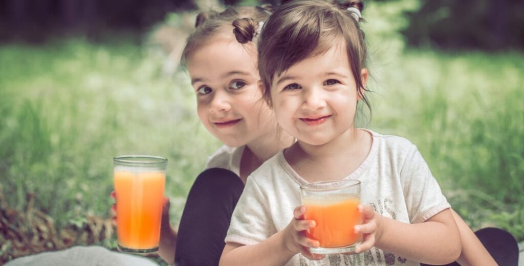 Two young sisters smiling and drinking cold-pressed orange juice from glass tumblers during a healthy outdoor picnic, representing natural kids' nutrition and family wellness.